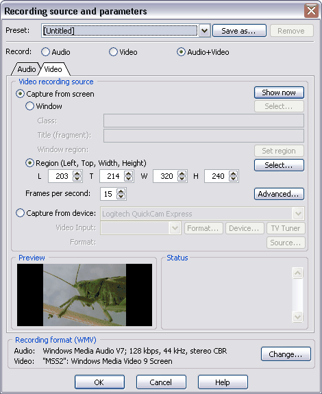 Video tab: settings for screen video recording